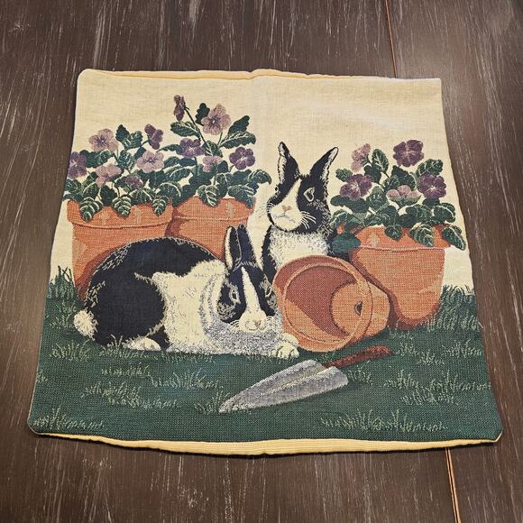 Vintage Woven Tapestry Rabbit Garden Pillow Cover 16.5x16.5 - Missing 1 Snap - Picture 1 of 8